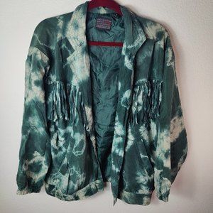 Vintage 80s Murelli Teal Tye Dye 100% Silk Fringe Bomber Jacket Medium